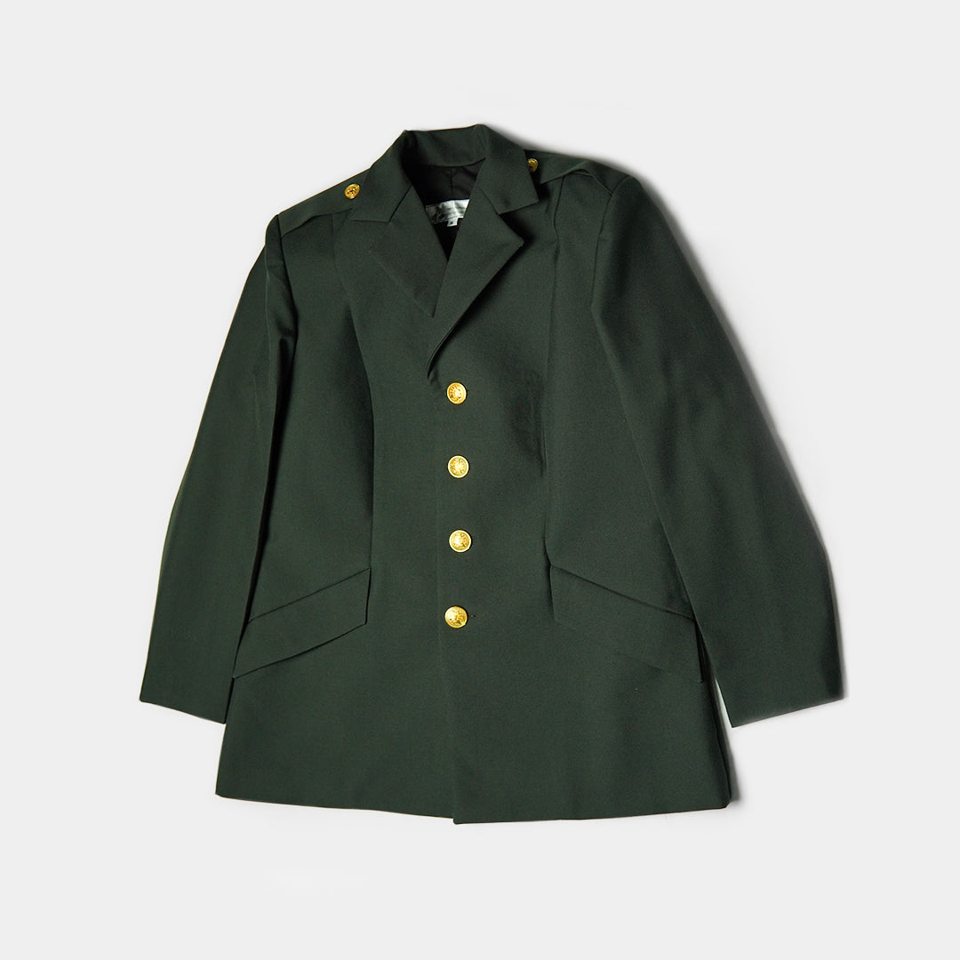 Green jacket with gold buttons on a white background
