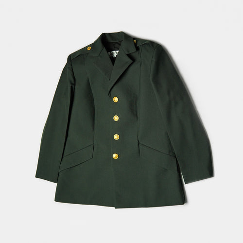 Green jacket with gold buttons on a white background