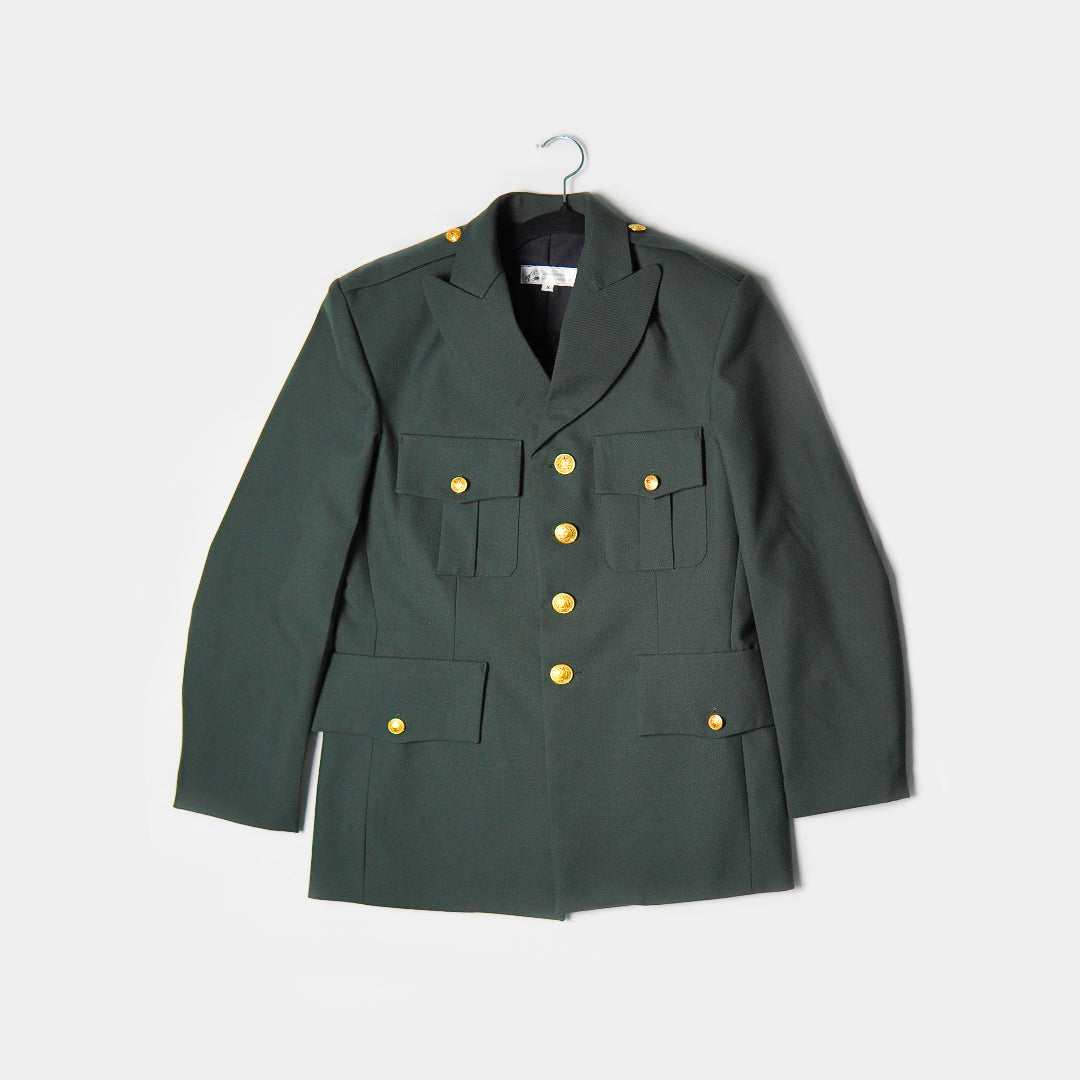 Green military-style jacket with gold buttons on a white background