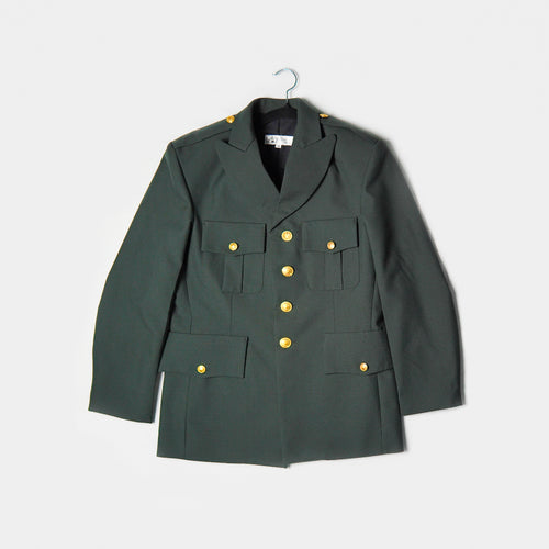 Green military-style jacket with gold buttons on a white background