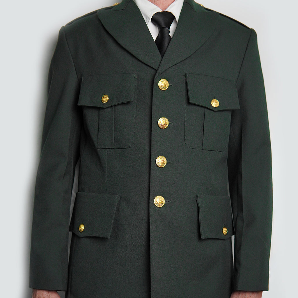 Green military-style jacket with gold buttons on a plain background