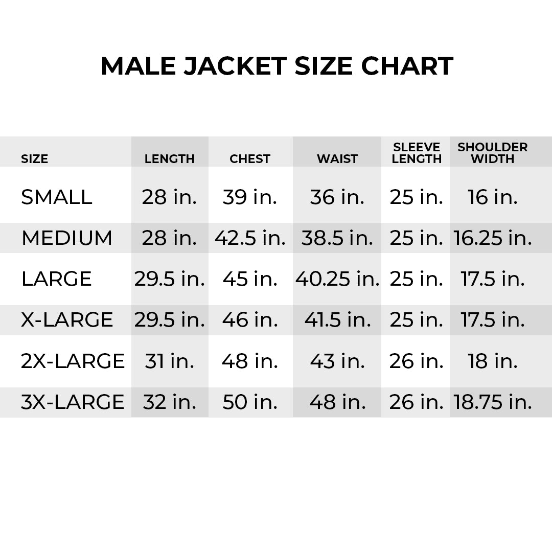 Male jacket size chart with measurements for length, chest, waist, sleeve length, and shoulder width.