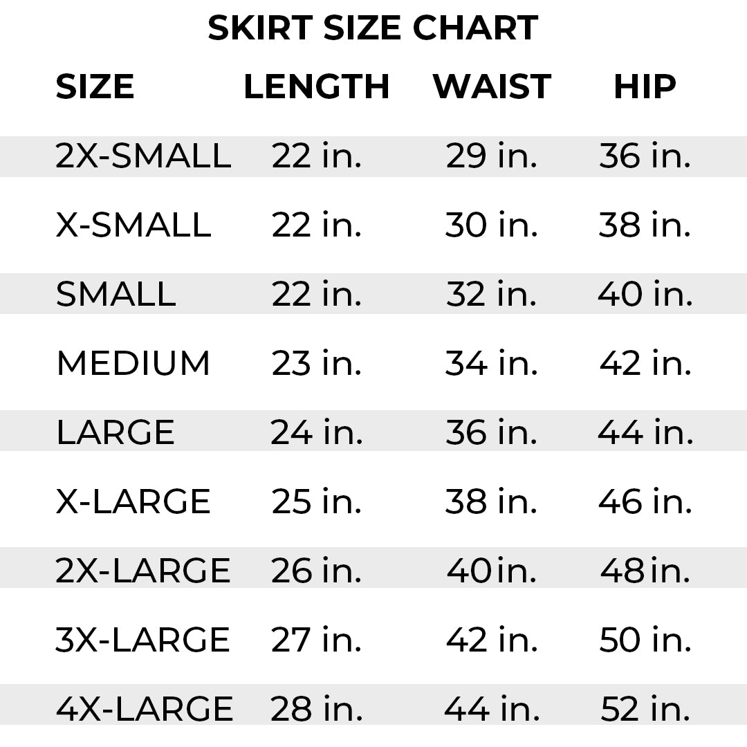 Skirt size chart with measurements for length, waist, and hip.