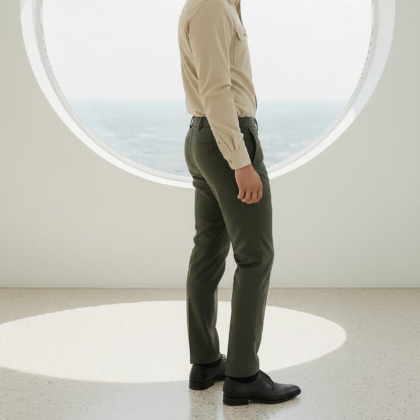 Man standing in a modern, minimalistic room with a large circular window.