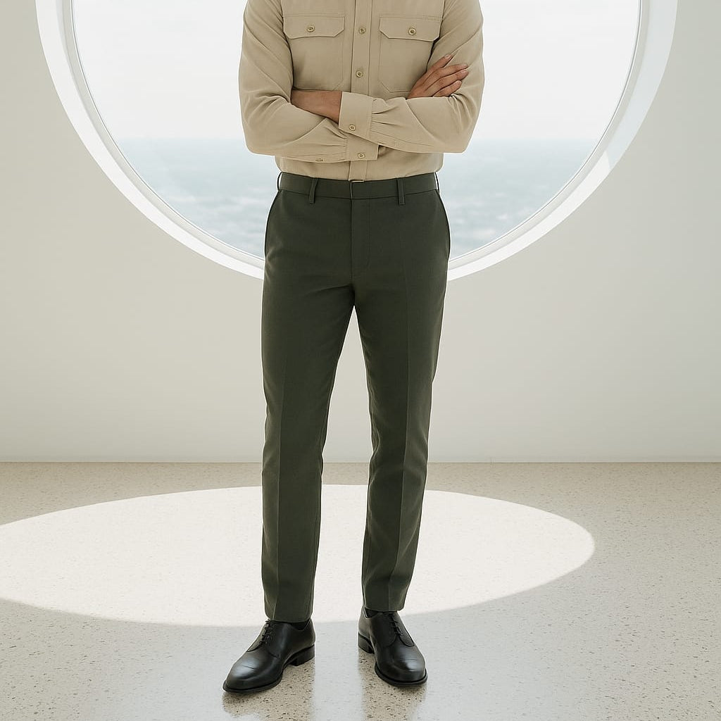 Man wearing a beige shirt and green pants standing in front of a round window.