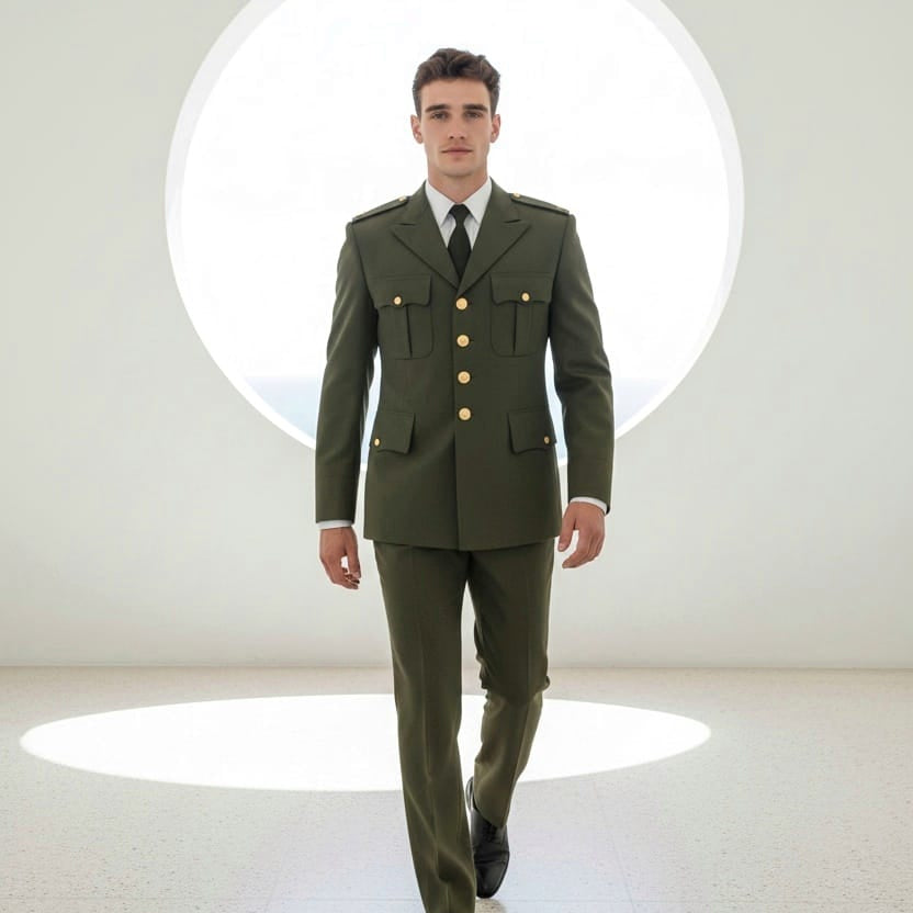 Man wearing a green military uniform standing in a minimalistic room with a large circular light.