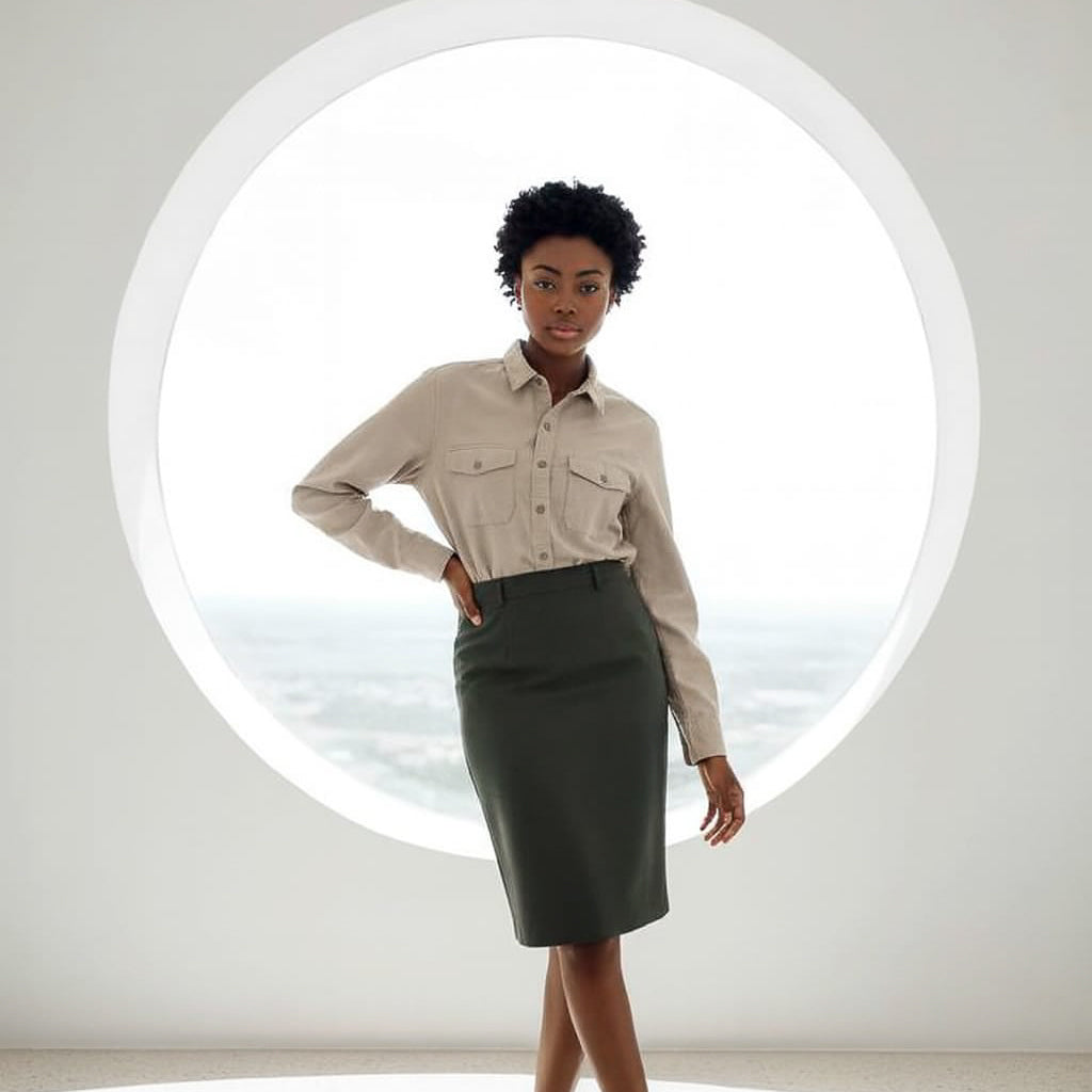 Woman wearing a beige shirt and dark green skirt standing in front of a circular window.