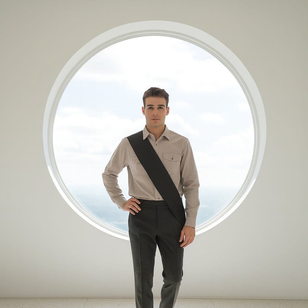Man wearing a beige shirt and dark pants with a dark green sash over his shoulder, standing in front of a round window.
