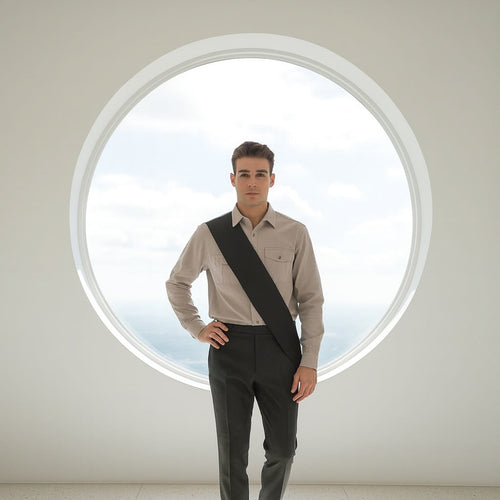 Man wearing a beige shirt and dark pants with a dark green sash over his shoulder, standing in front of a round window.